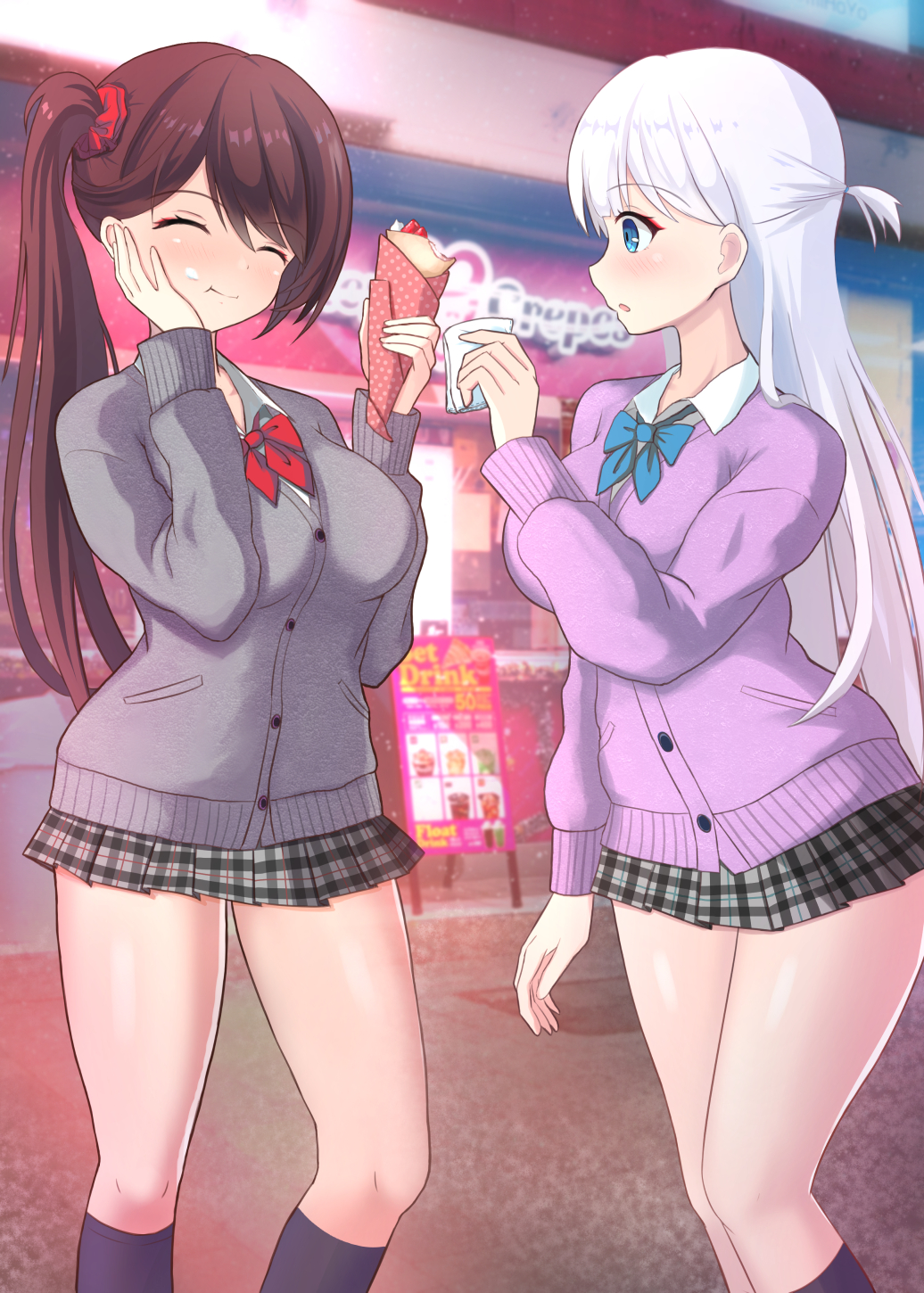 2girls azur_lane bag bangs beige_coat belt beret blue_eyes blurry blush breasts brown_hair buckle casual coat cup depth_of_field drinking dutch_angle eyebrows_visible_through_hair floating_hair hair_ornament hand_up hat holding holding_cup jewelry large_breasts long_hair long_sleeves looking_at_viewer mole mole_under_eye multiple_belts multiple_girls necklace one_side_up open_clothes open_coat outdoors ponytail red_skirt school_uniform shawl shirt shoukaku_(azur_lane) silver_hair skirt smile sweater turtleneck type5_labyrith very_long_hair wind zuikaku_(azur_lane)