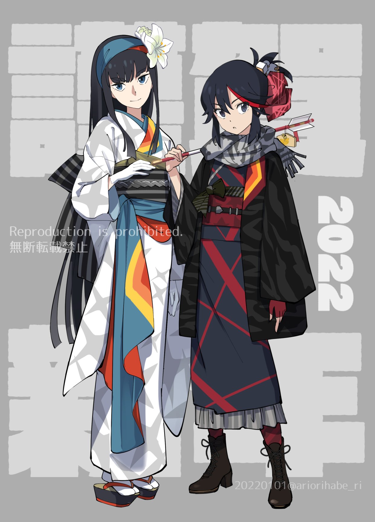 2022 2girls :o ankle_boots ariorihaberi arm_at_side arrow_(projectile) artist_name back_bow bangs black_bow black_footwear black_hair black_hakama black_kimono blue_eyes blue_hairband boots bow brown_footwear dated ema eyebrows_visible_through_hair fingerless_gloves flower full_body geta gloves grey_background grey_scarf hair_flower hair_ornament hairband hakama hamaya high_heel_boots high_heels highres holding holding_arrow japanese_clothes kill_la_kill kimono kiryuuin_satsuki lily_(flower) long_sleeves looking_at_viewer matoi_ryuuko multicolored_hair multiple_girls open_clothes parted_lips red_gloves red_legwear redhead scarf short_hair_with_long_locks short_ponytail siblings sidelocks single_glove sisters socks standing streaked_hair striped striped_legwear tabi twitter_username two-tone_hair white_flower white_gloves white_kimono white_legwear wide_sleeves yukata