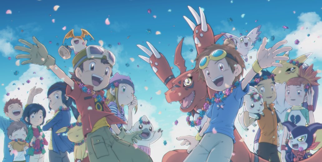 2girls 6+boys artist_request celebration character_request child commentary_request digimon digimon_(creature) digimon_adventure digimon_frontier goggles goggles_on_head goggles_on_headwear looking_at_viewer multiple_boys multiple_girls open_mouth outdoors short_hair teeth