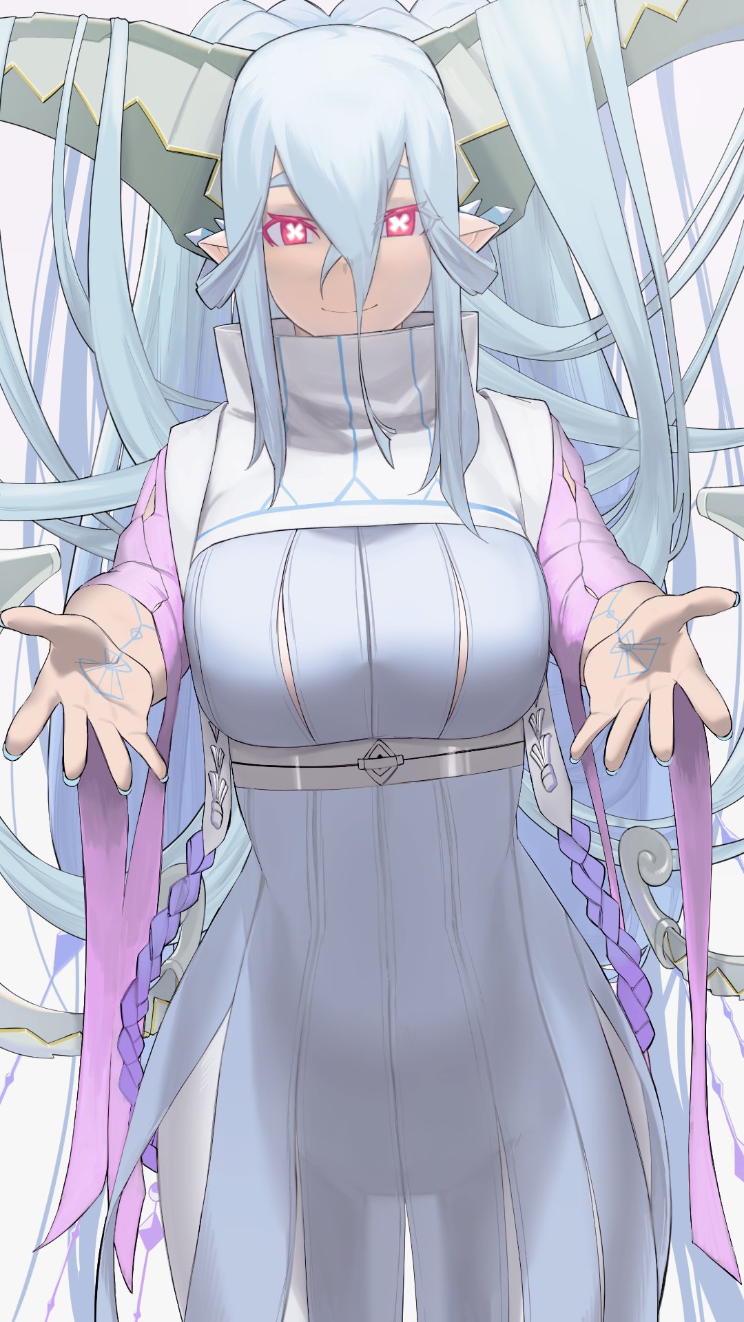 1girl bangs breasts buffy_(risottosf) curled_horns fate/grand_order fate/grand_order_arcade fate_(series) hair_between_eyes hand_tattoo highres horns large_breasts larva_tiamat_(fate) long_hair long_horns looking_at_viewer pointy_ears see-through simple_background smile solo symbol-shaped_pupils tattoo tiamat_(fate) very_long_hair