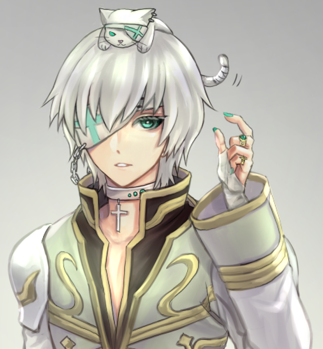 1boy alternate_color animal_on_head bandage_over_one_eye bangs black_coat blue_eyes blue_nails cat cat_on_head choker coat commentary_request cross cross_choker grey_background grey_coat high_priest_(ragnarok_online) jewelry layered_clothing long_sleeves looking_at_viewer male_focus misuguu on_head parted_lips ragnarok_online ring short_hair simple_background solo two-tone_coat upper_body white_cat white_choker white_coat white_hair