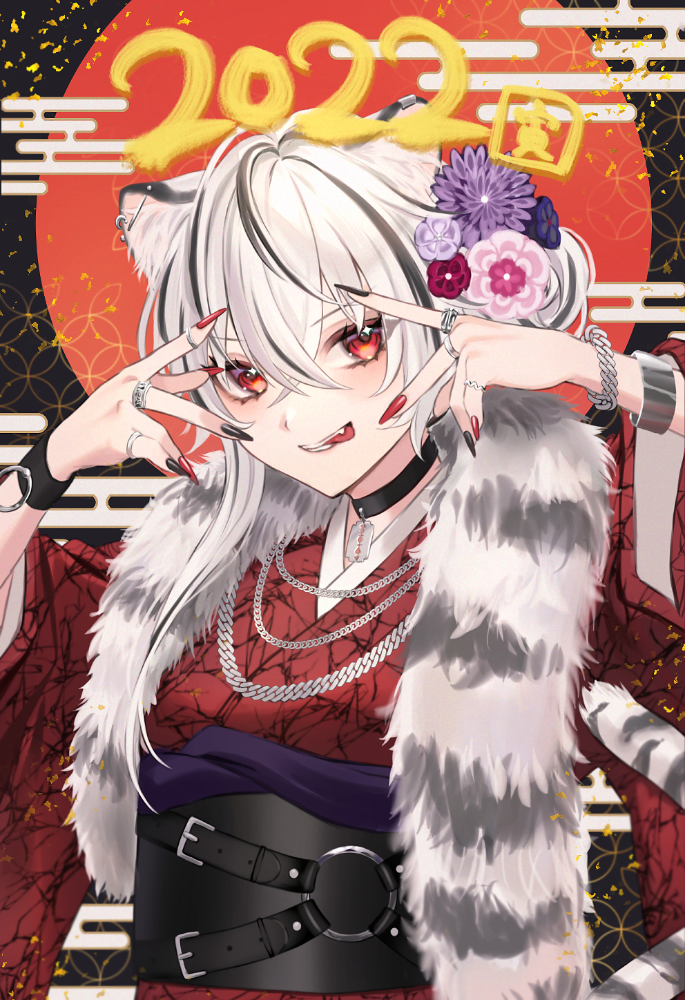 1girl 2022 :p animal_ear_fluff animal_ears anoa bangs black_flower black_hair black_nails chinese_zodiac commentary_request ear_piercing egasumi eyebrows_visible_through_hair fang fang_out fingernails flower hair_between_eyes hair_flower hair_ornament hands_up highres japanese_clothes kimono long_fingernails multicolored_hair multicolored_nails o-ring obi original piercing purple_flower red_eyes red_kimono red_nails sash sharp_fingernails solo streaked_hair tail tail_raised tiger_ears tiger_girl tiger_tail tongue tongue_out upper_body white_hair year_of_the_tiger