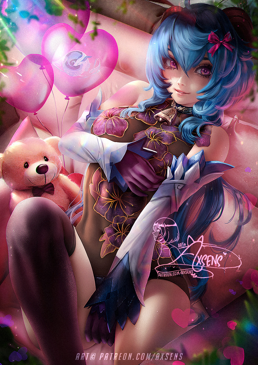 1girl artist_name axsen balloon bangs banned_artist bare_shoulders bell black_legwear black_leotard blue_hair bodysuit bow bowtie breast_hold breasts crossed_bangs detached_sleeves english_commentary eyebrows_behind_hair fantasy floral_print ganyu_(genshin_impact) genshin_impact gloves goat_girl goat_horns gold_trim hair_between_eyes hair_ribbon heart heart-shaped_pupils heart_balloon highres horns knee_up leaf leg_up leotard long_hair looking_at_viewer neck_bell parted_lips patreon_username pink_eyes pink_lips plant purple_gloves rainbow_gradient ribbon sidelocks signature sitting smile solo stuffed_animal stuffed_toy symbol-shaped_pupils teddy_bear thigh-highs