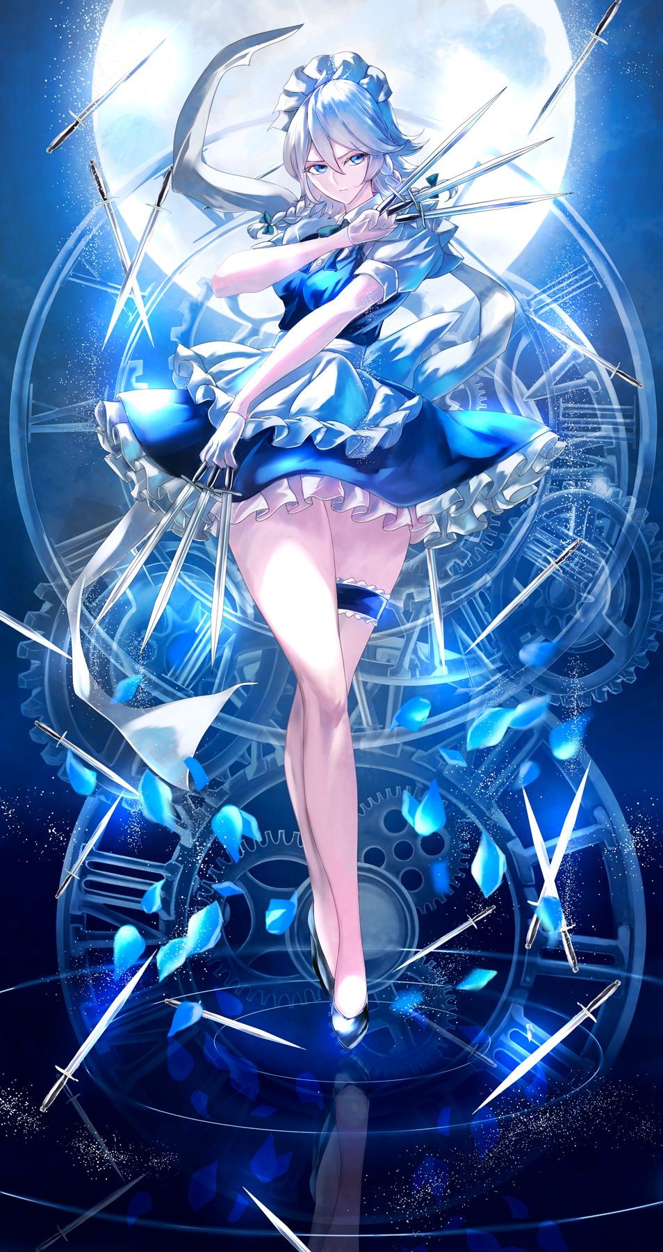 1girl apron bangs blue_bow blue_bowtie blue_dress blue_eyes blue_theme bow bowtie braid breasts buttons clock_hands dress full_body full_moon gears gem gloves hair_between_eyes hair_bow hand_up high_heels highres izayoi_sakuya jan_(lightdragoon) jewelry knees knife looking_to_the_side maid maid_headdress medium_breasts moon petals puffy_short_sleeves puffy_sleeves roman_numeral rose_petals shirt short_hair short_sleeves silver_hair solo standing touhou twin_braids weapon white_apron white_bow white_gloves white_hair white_shirt wrist_cuffs