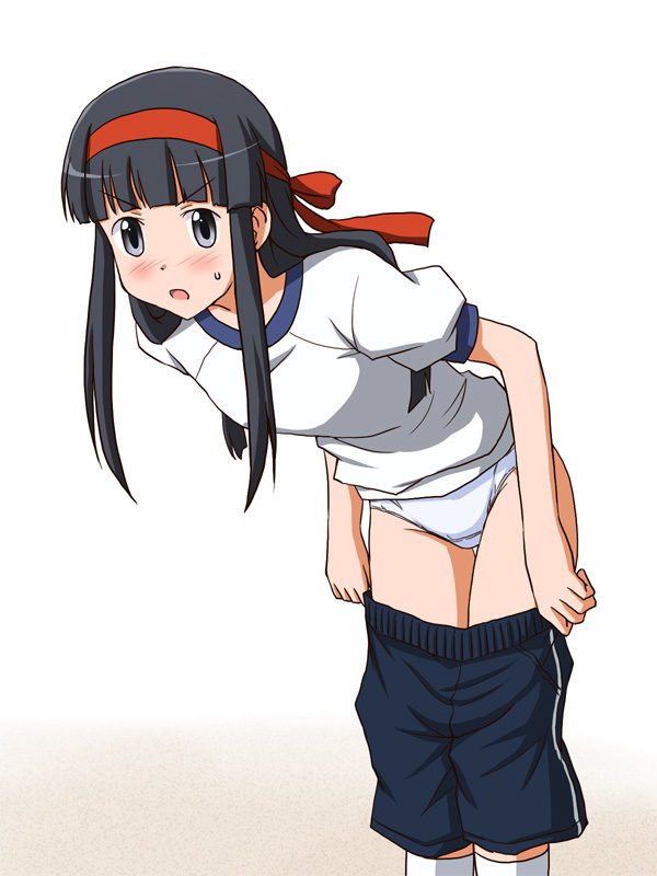 1girl bangs black_eyes black_hair blue_shorts blunt_bangs blush clothes_pull commentary_request commission crotch_seam eyebrows_visible_through_hair frown gym_shirt gym_shorts gym_uniform headband leaning_forward lielos long_hair looking_at_viewer open_mouth original panties partial_commentary pixiv_request pulled_by_self red_headband sakamoto_miko shirt short_sleeves shorts shorts_pull sidelocks single_vertical_stripe socks solo standing sweatdrop underwear white_background white_legwear white_panties white_shirt