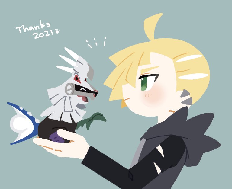 1boy ahoge bangs blonde_hair blush closed_mouth commentary_request daifuku_(pokefuka_art) ear_piercing gladion_(pokemon) green_eyes grey_background holding holding_pokemon hood hood_down hoodie long_sleeves male_focus miniature notice_lines piercing pokemon pokemon_(creature) pokemon_(game) pokemon_sm short_hair silvally smile thank_you torn_clothes upper_body