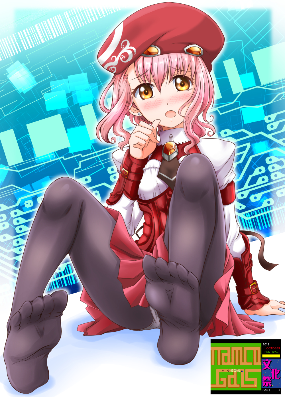 1girl artist_name bangs beret black_legwear blush bracer brooch brown_eyes commentary_request dress earrings eyebrows_visible_through_hair feet frown full_body hand_to_own_mouth hanzou hat highres jewelry knees_up legs long_sleeves looking_at_viewer m.o.m.o. no_shoes open_mouth panties panties_under_pantyhose panty_peek pantyhose pantyshot pink_hair pleated_dress red_dress red_headwear see-through short_dress short_hair sitting soles solo stud_earrings thighs toes underwear xenosaga