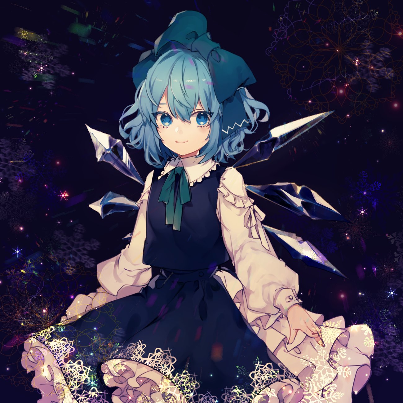 1girl alternate_costume bangs blue_eyes blue_hair blue_skirt bow cirno closed_mouth collared_shirt commentary_request crescent crystal daimaou_ruaeru eyelashes feet_out_of_frame fingernails frilled_shirt_collar frills glass green_bow green_neckwear green_ribbon hair_bow highres ice ice_wings long_sleeves looking_at_viewer puffy_sleeves ribbon shirt skirt skirt_set smile snowflake_print snowflakes solo standing star_(symbol) touhou vest white_ribbon wing_collar wings
