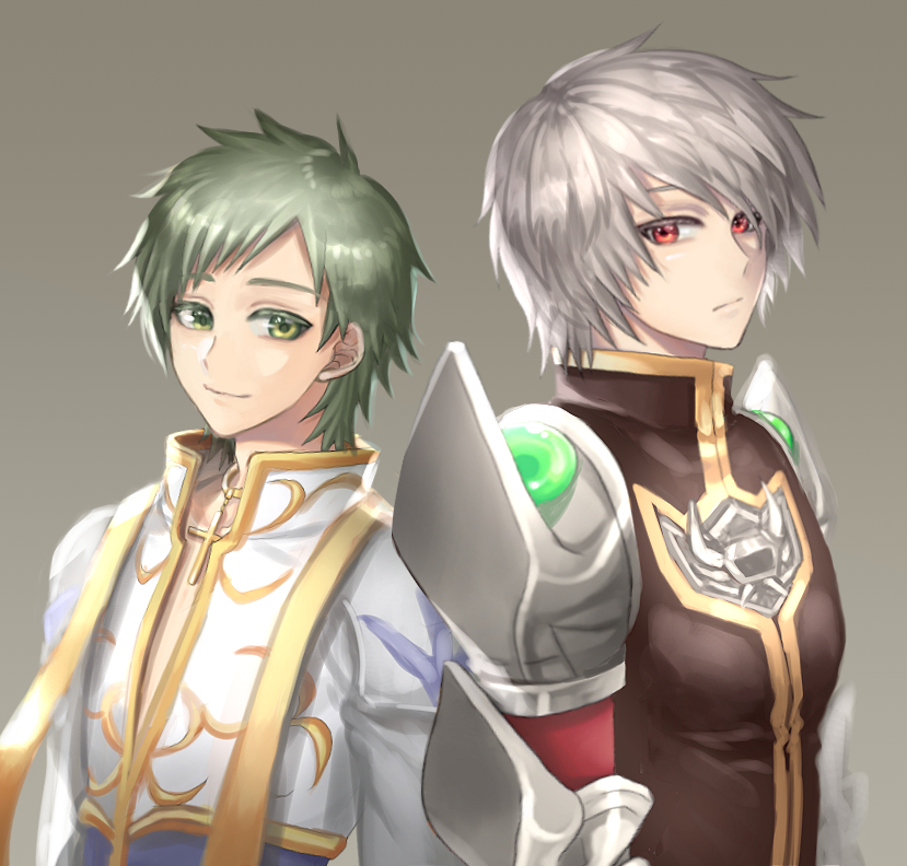 2boys arch_bishop_(ragnarok_online) armor bangs black_shirt blue_coat closed_mouth coat commentary_request cropped_jacket cross cross_necklace expressionless green_eyes green_hair grey_background jacket jewelry long_sleeves looking_at_viewer male_focus misuguu multiple_boys necklace official_alternate_costume pauldrons ragnarok_online red_eyes rune_knight_(ragnarok_online) shirt short_hair shoulder_armor simple_background smile upper_body white_hair white_jacket