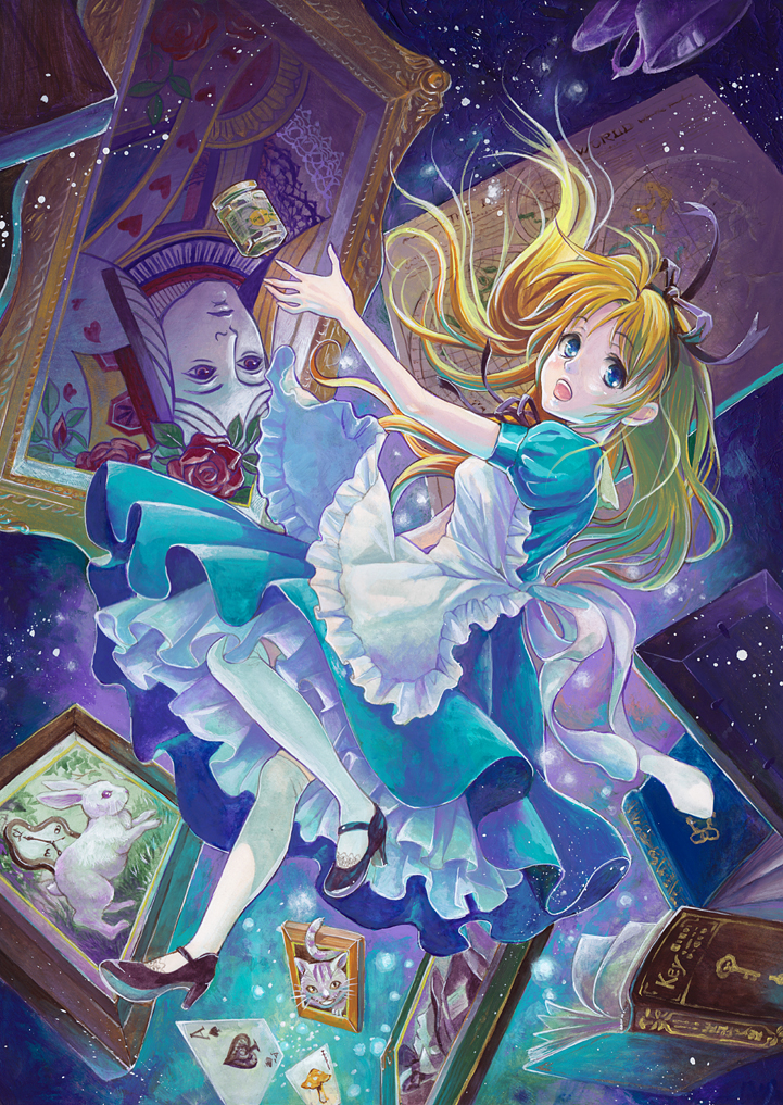alice_in_wonderland apron blonde_hair blue_eyes book bow bunny card cat cheshire_cat cup dress floating_card hair_bow hair_ribbon long_hair mad_hatter painting rabbit ribbon teacup thigh-highs thighhighs toyoda_izumi white_rabbit