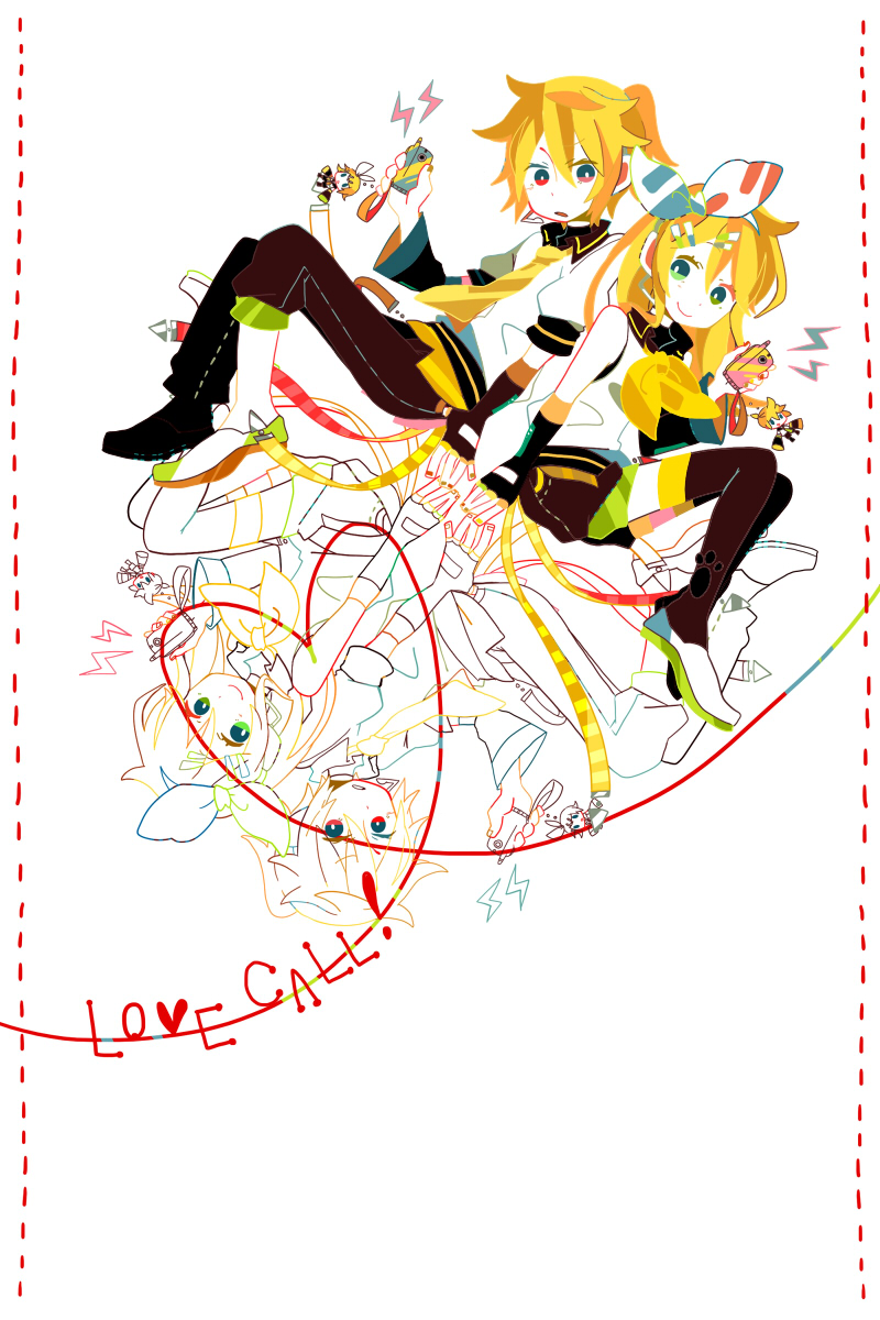 bare_shoulders blonde_hair brother_and_sister cellphone elbow_gloves fingerless_gloves gloves green_eyes hair_ornament hair_ribbon hairclip headphones highres kagamine_len kagamine_rin long_hair maple_(cyakapon) necktie phone ponytail red_eyes reflection ribbon short_hair shorts siblings sitting smile thigh-highs thighhighs twins vocaloid