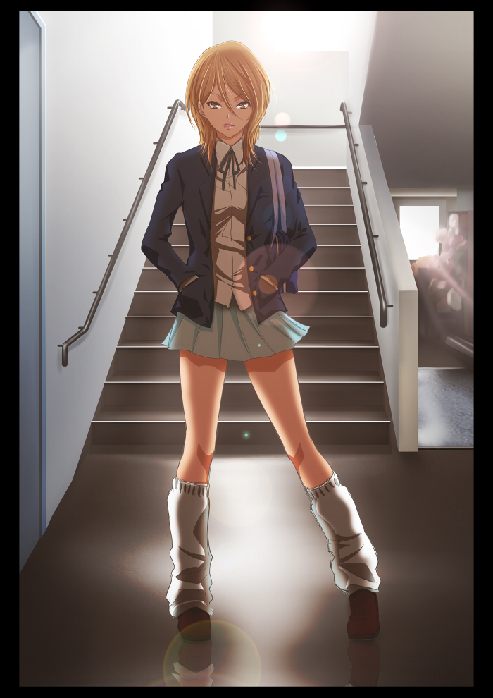 bag extra hands_in_pockets k-on! kogal lens_flare light_brown_hair loose_socks pleated_skirt school_uniform skirt socks solo sunbeam sunlight tachibana_himeko zucchini zucchini_(artist)