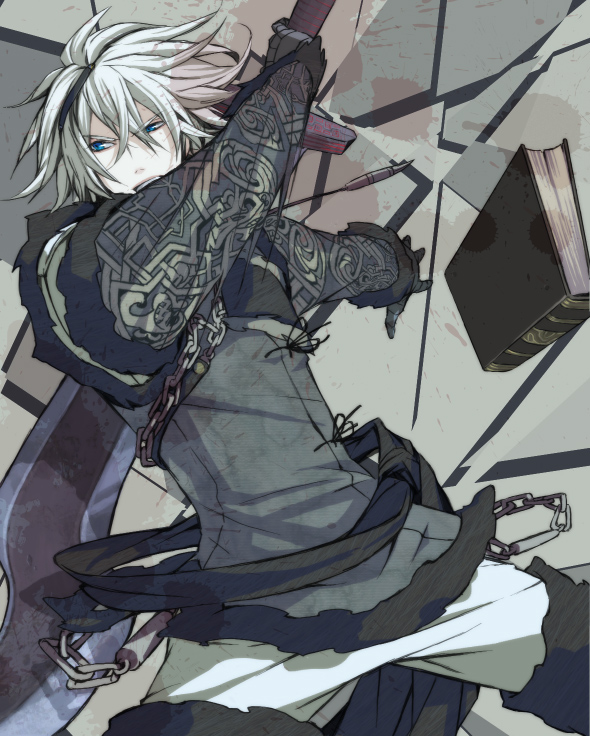 beniyama blue_eyes book floating_book male nier nier_(character) white_hair young