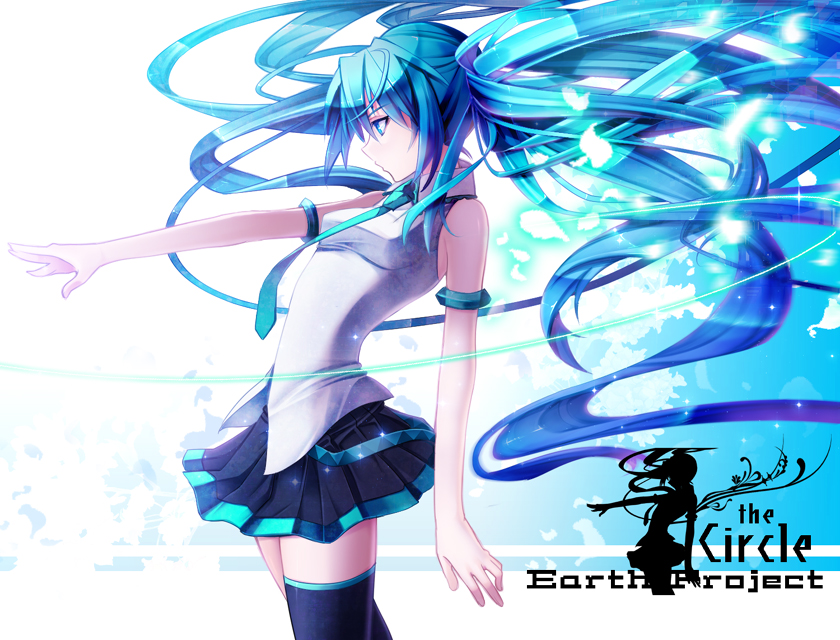 armlet blue_eyes blue_hair hatsune_miku long_hair necktie outstretched_arm outstretched_hand profile reaching skirt solo thigh-highs thighhighs twintails very_long_hair vocaloid yuuki_kira