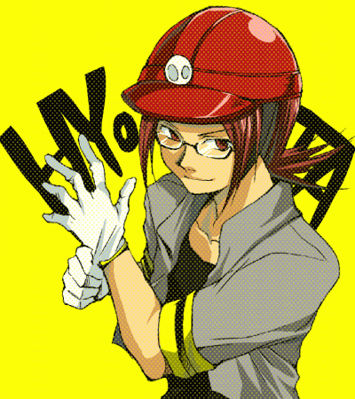 brown_eyes brown_hair collarbone from_above glasses gloves gym_leader hands helmet hirococo hirococo_(hakka) hyouta_(pokemon) lowres male nintendo pokemon pokemon_(game) pokemon_dppt red_eyes romaji shirt simple_background smile solo