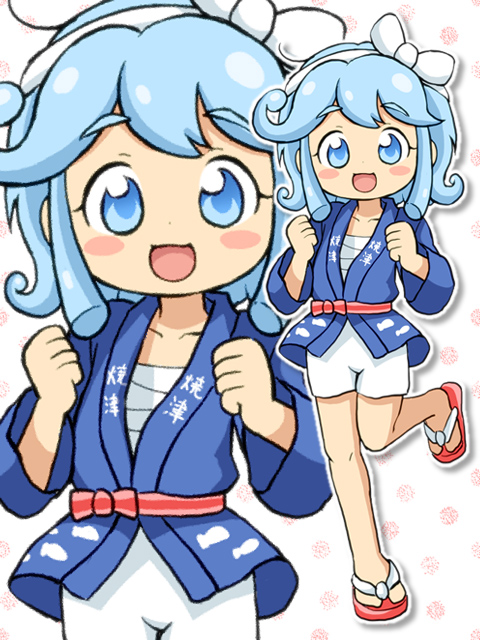 1girl blue_eyes blue_hair blush_stickers bow character_request clenched_hands hair_bow japanese_clothes lasto leg_up looking_at_viewer open_mouth sandals smile solo standing tagme zoom_layer