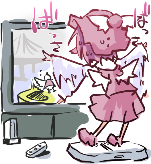 console flapping hat kuroneko_no_toorimichi mystia_lorelei nintendo pink_hair playing_games sketch solo television touhou wii wii_fit wings
