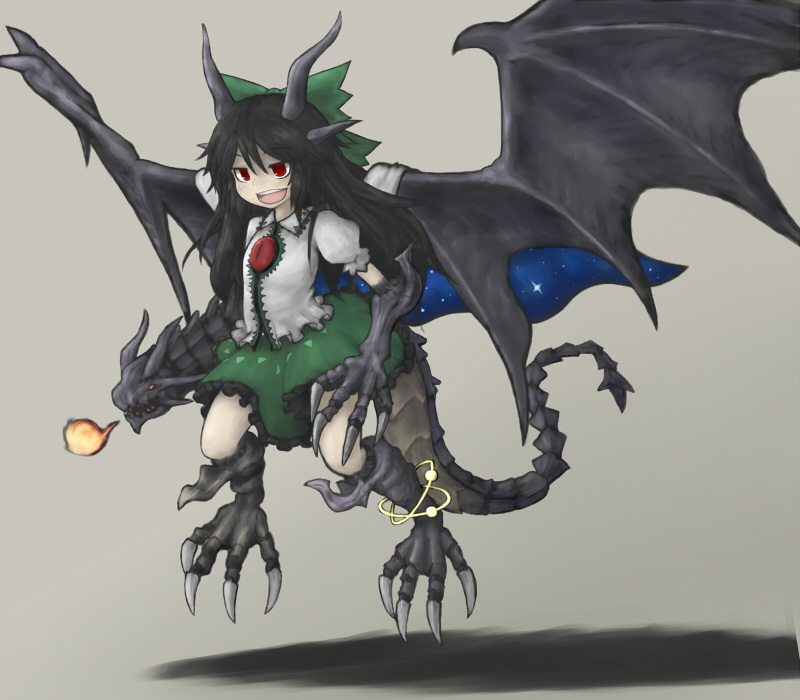 arm_cannon bahamut black_hair bow cape crossover dragon dragon_girl dragon_wings final_fantasy fusion hair_bow hair_ribbon horns long_hair monster_girl nice red_eyes reiuji_utsuho ribbon scales solo the_iron_of_yin_and_yang touhou weapon wings