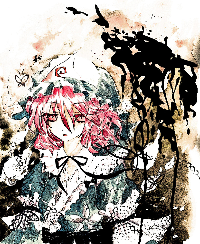 colored_pencil_(medium) hat ink japanese_clothes momoko_(pixiv219000) pink_eyes pink_hair saigyouji_yuyuko touhou traditional_media watercolor_(medium)