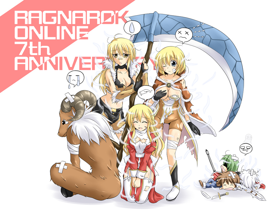 axe bandages bandaid baphomet black_eyes blonde_hair blue_eyes breasts broken_sword brown_hair choker cleavage closed_eyes covering covering_breasts dagger elbow_gloves fur garter_straps gloves green_hair hands_clasped high_priest high_wizard horns huge_weapon kitsunebi kneeling large_breasts long_hair lord_knight lying on_stomach open_mouth ragnarok_online scarf scythe short_hair shorts simple_background sitting sniper_(ragnarok_online) sweatdrop sword teardrop tears thighhighs torn_clothes weapon white_hair white_legwear whitesmith wince x_x yellow_eyes