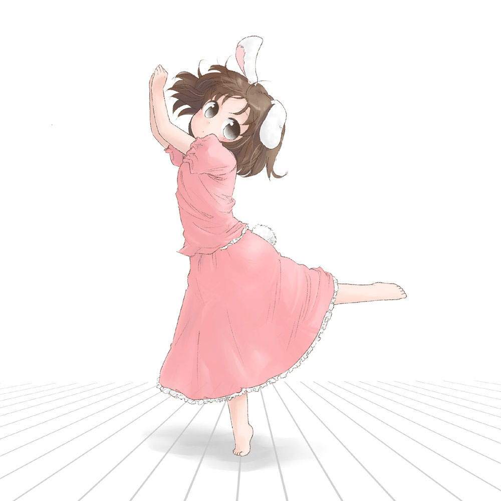 abekawa animal_ears barefoot black_eyes brown_hair bunny_ears bunny_tail dancing hands_together inaba_tewi looking_at_viewer pose rabbit_ears skirt skirt_set solo tail touhou