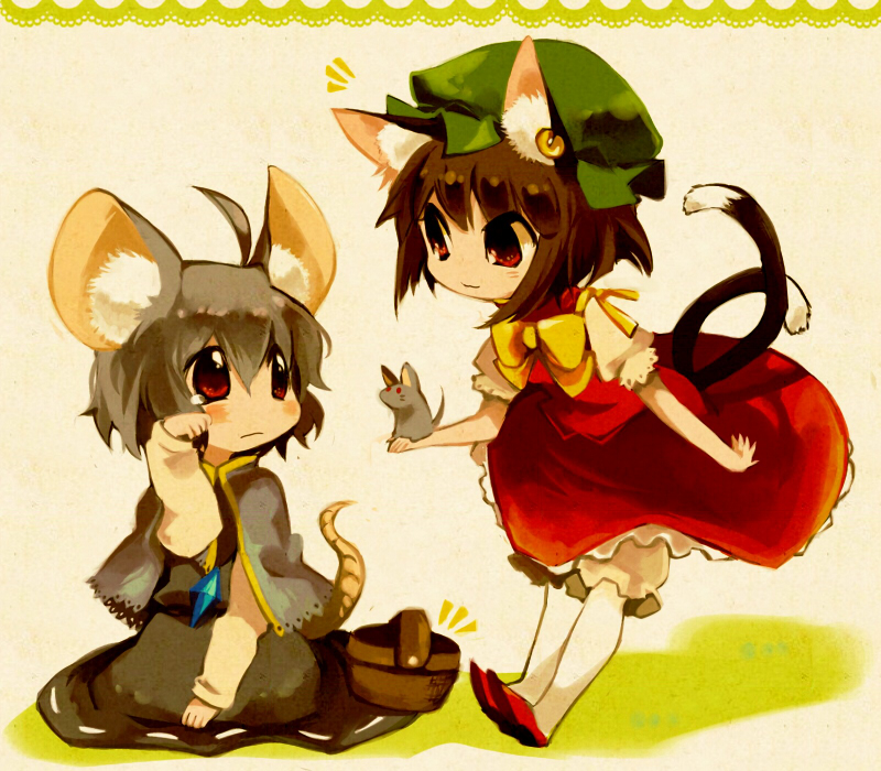 ahoge animal_ears brown_eyes brown_hair cat_ears cat_tail chen earrings friends grey_hair hat jewelry keien methyl_key mouse mouse_ears mouse_tail multiple_girls multiple_tails nazrin pendant red_eyes short_hair tail touhou