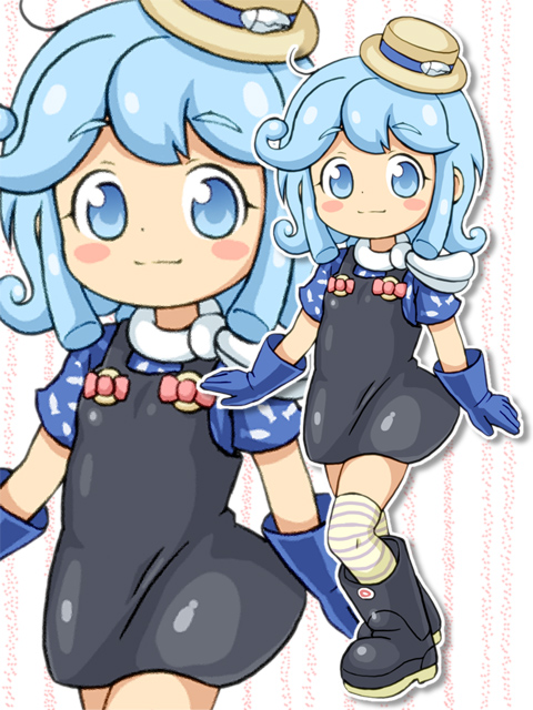 1girl blue_eyes blue_hair blush_stickers boots character_request dress gloves hat kneehighs lasto smile solo standing striped tagme zoom_layer