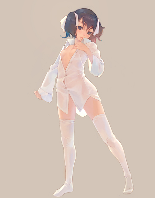 black_hair dress_shirt flat_chest hair_ribbon legs no_shoes open_clothes open_shirt original ribbon see-through shirt short_hair simple_background solo thigh-highs thighhighs twintails weno white_legwear white_shirt white_thighhighs zettai_ryouiki