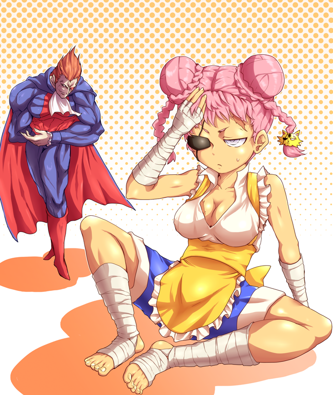 bandage bandages boots bowing braid breasts capcom cape cleavage crossover demitri_maximoff double_bun eyepatch genderswap hair_ornament hairpin hand_on_head maid midnight_bliss muscle orange_hair pink_hair sagat sagattoru scar shorts sitting smirk street_fighter sweat sweatdrop twin_braids vampire_(game) white_eyes