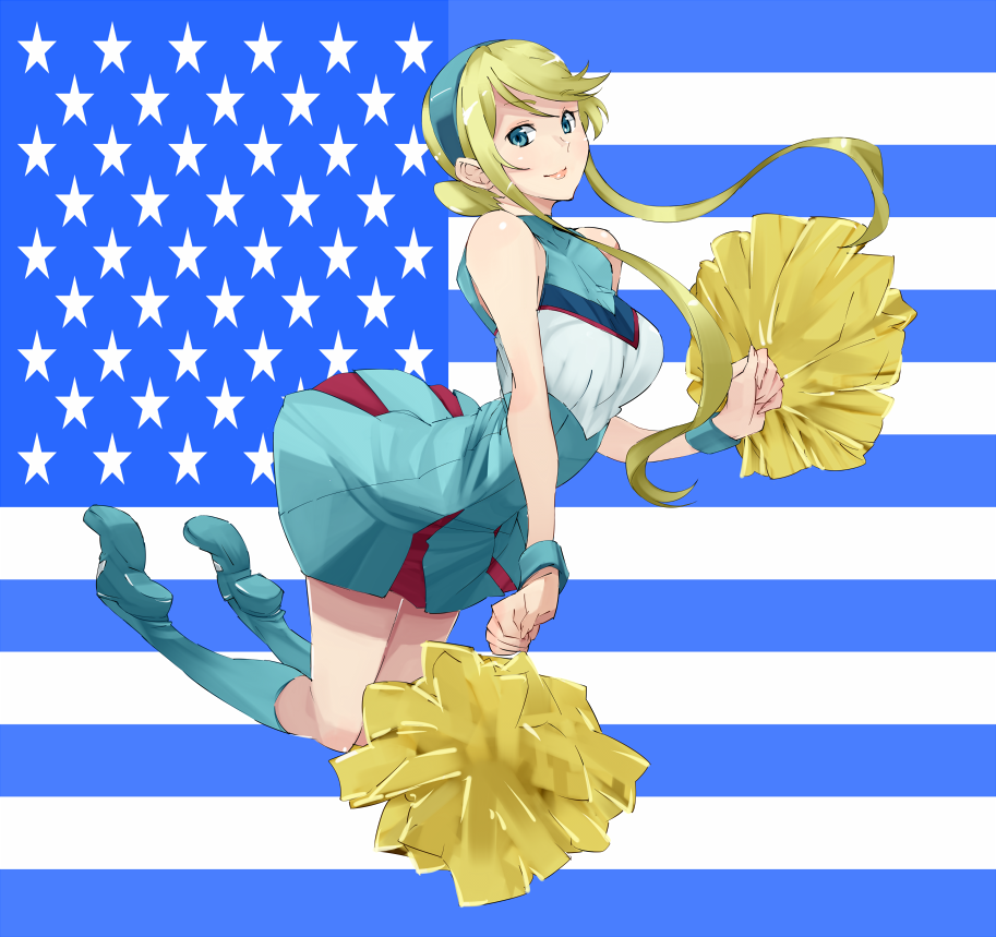 american_flag bare_shoulders blonde_hair blue_eyes boots cheerleader flag hairband heroman lina_davis long_hair minidress payot pom_poms pompadour skirt smile solo star twintails wristband