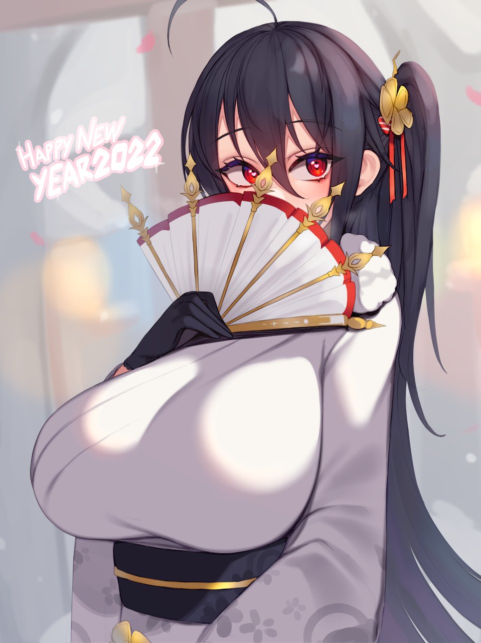 1girl 2022 alternate_costume azur_lane black_gloves black_hair black_sash breasts covered_mouth eyebrows_visible_through_hair folding_fan fur-trimmed_kimono fur_trim gloves hair_between_eyes hair_ornament hand_fan happy_new_year heart heart-shaped_pupils highres holding holding_fan huge_breasts japanese_clothes kimono kuavera long_hair looking_to_the_side new_year red_eyes sash solo symbol-shaped_pupils taihou_(azur_lane) upper_body very_long_hair white_kimono