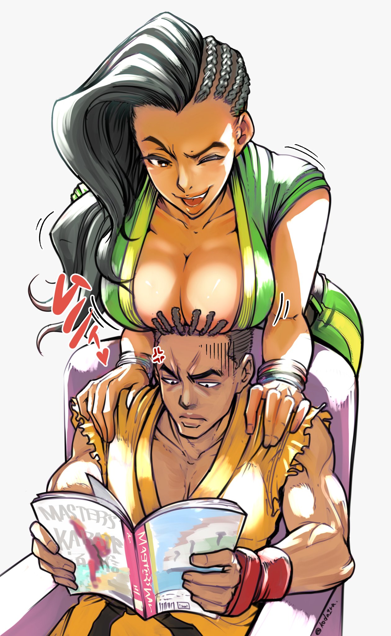 1boy 1girl angry asymmetrical_hair belt black_belt black_eyes black_hair bracelet breasts brown_eyes brown_hair collarbone cornrows crop_top dougi elbow_gloves forehead front-tie_top gloves green_pants green_shirt hairlocs hands_on_another's_shoulders highres japanese_clothes jewelry kimono koda1ra large_breasts laura_matsuda lips long_hair looking_at_another magazine_(object) muscular muscular_male no_bra one_eye_closed pants parted_lips pectorals reading red_gloves sean_matsuda shirt sitting sleeveless street_fighter street_fighter_iii_(series) street_fighter_v yellow_kimono