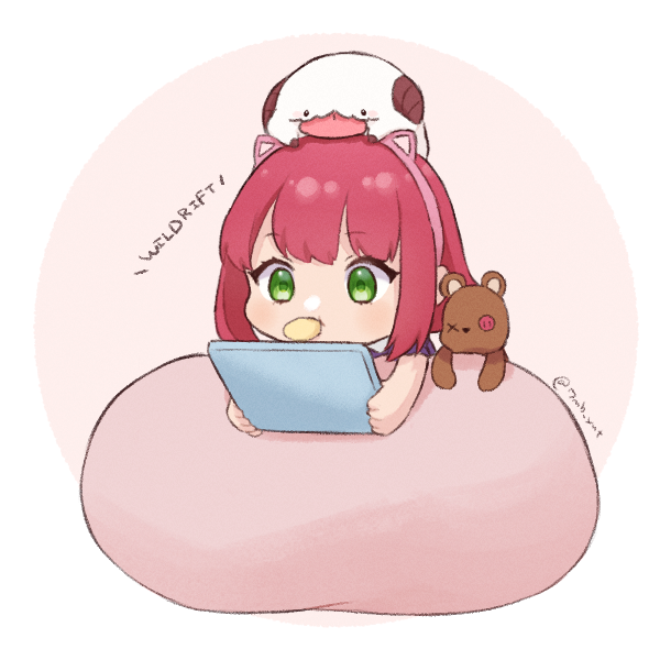 1girl 7mb_yut :p animal_ears annie_(league_of_legends) brown_background cat_ears fake_animal_ears food food_in_mouth green_eyes grey_background hairband holding horns league_of_legends medium_hair mouth_hold pillow pink_hairband poro_(league_of_legends) redhead short_sleeves stuffed_animal stuffed_toy teddy_bear tibbers tongue tongue_out