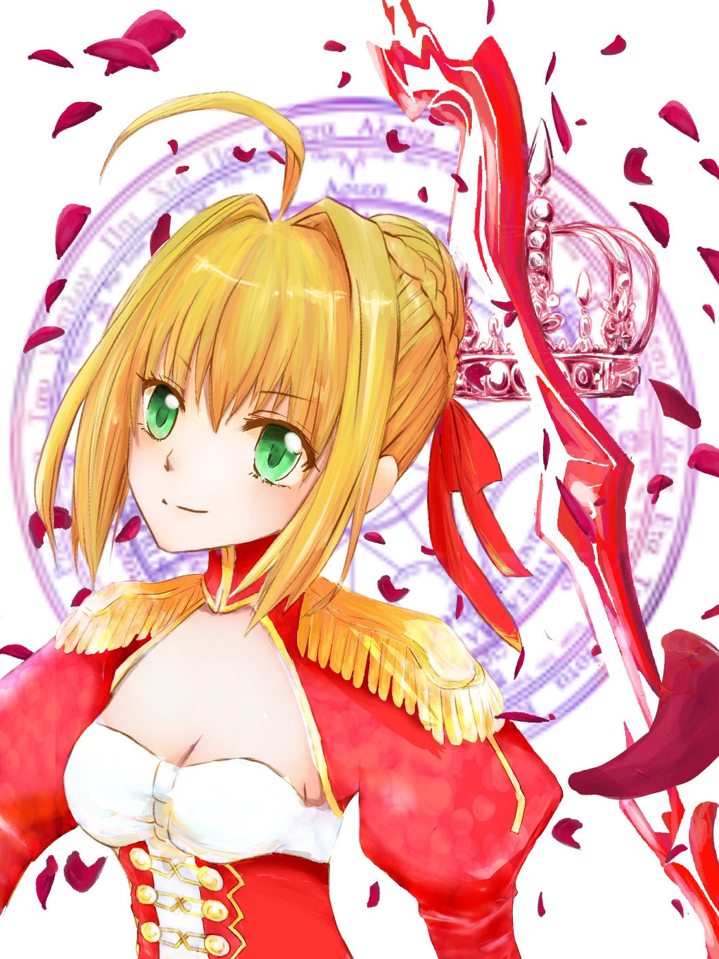 1girl aestus_estus ahoge blonde_hair braid breasts cleavage commentary_request dress epaulettes fate/extra fate/grand_order fate_(series) french_braid green_eyes hair_intakes hair_ribbon juliet_sleeves koala_no_panda large_breasts long_sleeves nero_claudius_(fate) nero_claudius_(fate)_(all) open_mouth puffy_sleeves red_dress red_ribbon ribbon saber_extra see-through solo wide_sleeves