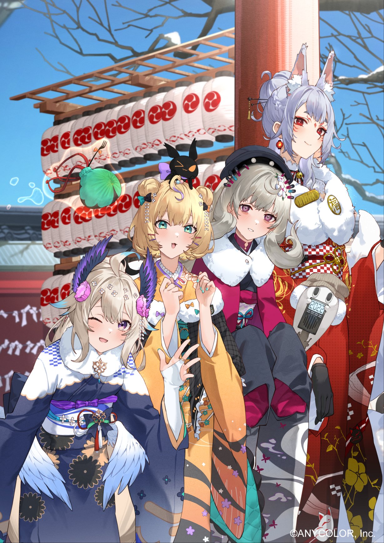 4girls animal_ear_fluff animal_ears animal_on_head black_bow black_headwear black_kimono blush bow cat cat_on_head double_bun enna_alouette ethyria extra_ears fox_ears fox_girl furisode ghost green_bow green_eyes green_nails grey_hair hair_behind_ear hair_bow hair_bun head_tilt head_wings highres japanese_clothes kimono lantern leaning_forward looking_at_viewer low_wings lucie_(millie_parfait) millie_parfait multiple_girls nijisanji nijisanji_en nina_kosaka obi on_head one_eye_closed orange_kimono poppi_(reimu_endou) red_kimono reimu_endou sash short_hair silver_hair smile tsukino_(nakajimaseiki) two-tone_bow violet_eyes virtual_youtuber waving wings