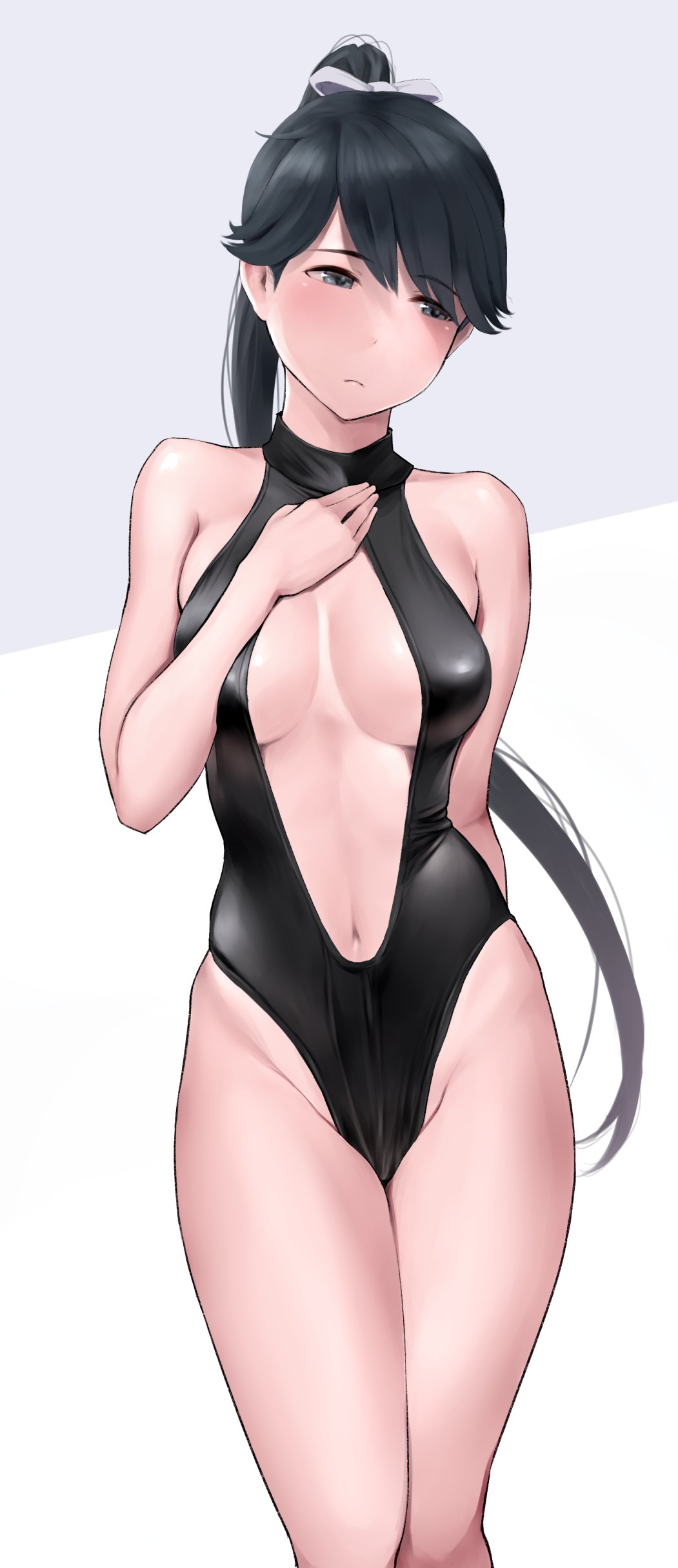 1girl absurdres alternate_costume black_hair black_swimsuit blush bow center_opening closed_mouth eyebrows_visible_through_hair grey_eyes highleg highleg_swimsuit highres houshou_(kancolle) kantai_collection long_hair navel one-piece_swimsuit ponytail ribbon solo swimsuit thighs two-tone_background wa_(genryusui) white_bow