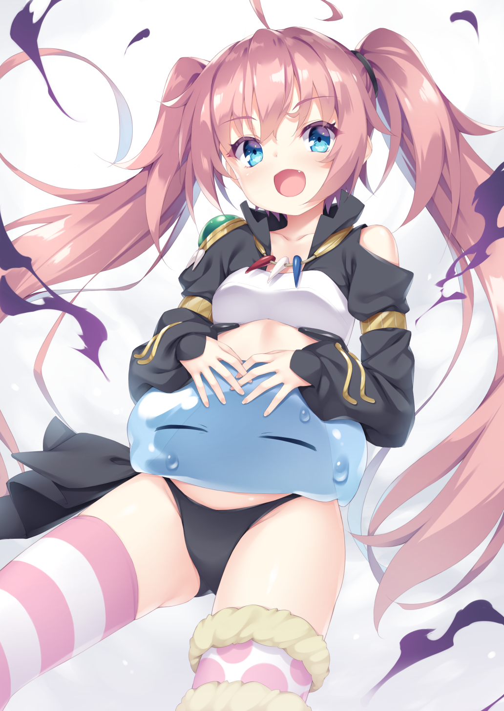 1girl 1other ahoge ass_visible_through_thighs asymmetrical_legwear black_panties black_sleeves blue_eyes breasts commentary_request fang fur_trim highres long_hair milim_nava mismatched_legwear open_mouth panties pink_hair rimuru_tempest shirt side-tie_panties slime_(creature) small_breasts smile striped striped_legwear tensei_shitara_slime_datta_ken thigh-highs thighs tomifumi twintails underwear very_long_hair white_shirt