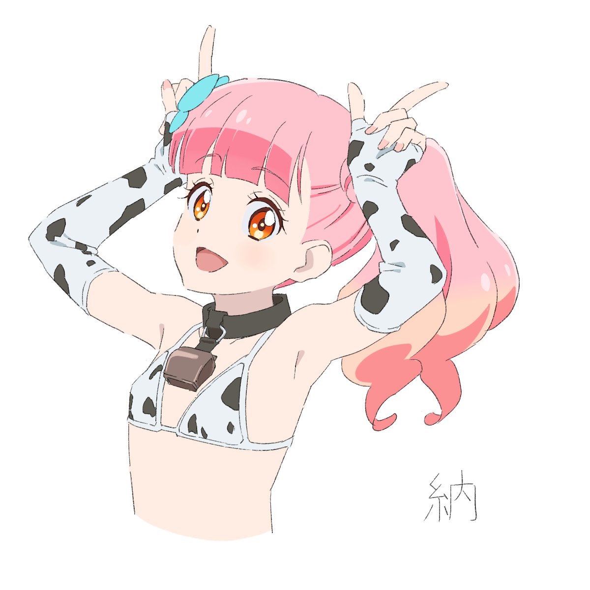 :d aikatsu!_(series) aikatsu_friends! animal_print armpits arms_up bangs bare_shoulders bell bikini bikini_top black_collar blue_bow blunt_bangs bow collar collarbone cow_print cowbell cropped_torso detached_sleeves elbow_gloves eyebrows_visible_through_hair finger_horns fingerless_gloves flat_chest gloves gradient_hair halterneck happy highres kenbi long_hair looking_at_viewer midriff multicolored_hair nail_polish neck_bell open_mouth orange_eyes orange_hair pink_hair pink_nails print_bikini print_gloves side_ponytail simple_background sketch smile string_bikini swimsuit white_background yuuki_aine