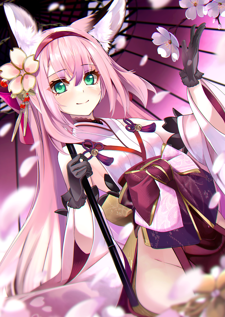 1girl animal_ear_fluff animal_ears artificial_flower azur_lane bangs bare_hips bell black_gloves blush bow breasts cherry_blossoms closed_mouth commentary_request detached_sleeves dutch_angle eyebrows_visible_through_hair flower fox_ears gloves green_eyes groin hair_flower hair_ornament hairband hanazuki_(azur_lane) japanese_clothes jingle_bell kimono large_bow long_hair long_sleeves looking_at_viewer no_panties obi oil-paper_umbrella petals pink_hair pink_kimono purple_bow purple_hairband revealing_clothes revision sash shirokitsune sideboob small_breasts smile solo tassel umbrella very_long_hair wide_sleeves