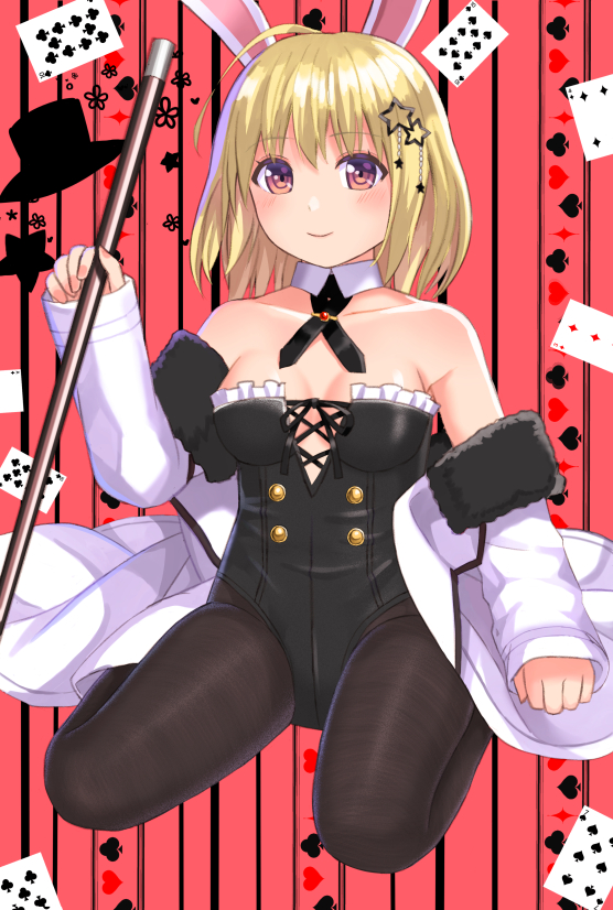 1girl ahoge animal_ears bangs bare_shoulders black_headwear black_legwear black_leotard blonde_hair card closed_mouth club_(shape) collarbone commentary_request diamond_(shape) eyebrows_visible_through_hair frilled_leotard frills full_body fur-trimmed_jacket fur_trim hair_ornament hat hat_removed headwear_removed heart holding jacket leotard long_sleeves off_shoulder open_clothes open_jacket original pantyhose pink_background playboy_bunny playing_card rabbit_ears red_eyes revision seiza sitting sleeves_past_wrists smile solo spade_(shape) star_(symbol) star_hair_ornament strapless strapless_leotard striped striped_background tukino_neru vertical_stripes white_jacket