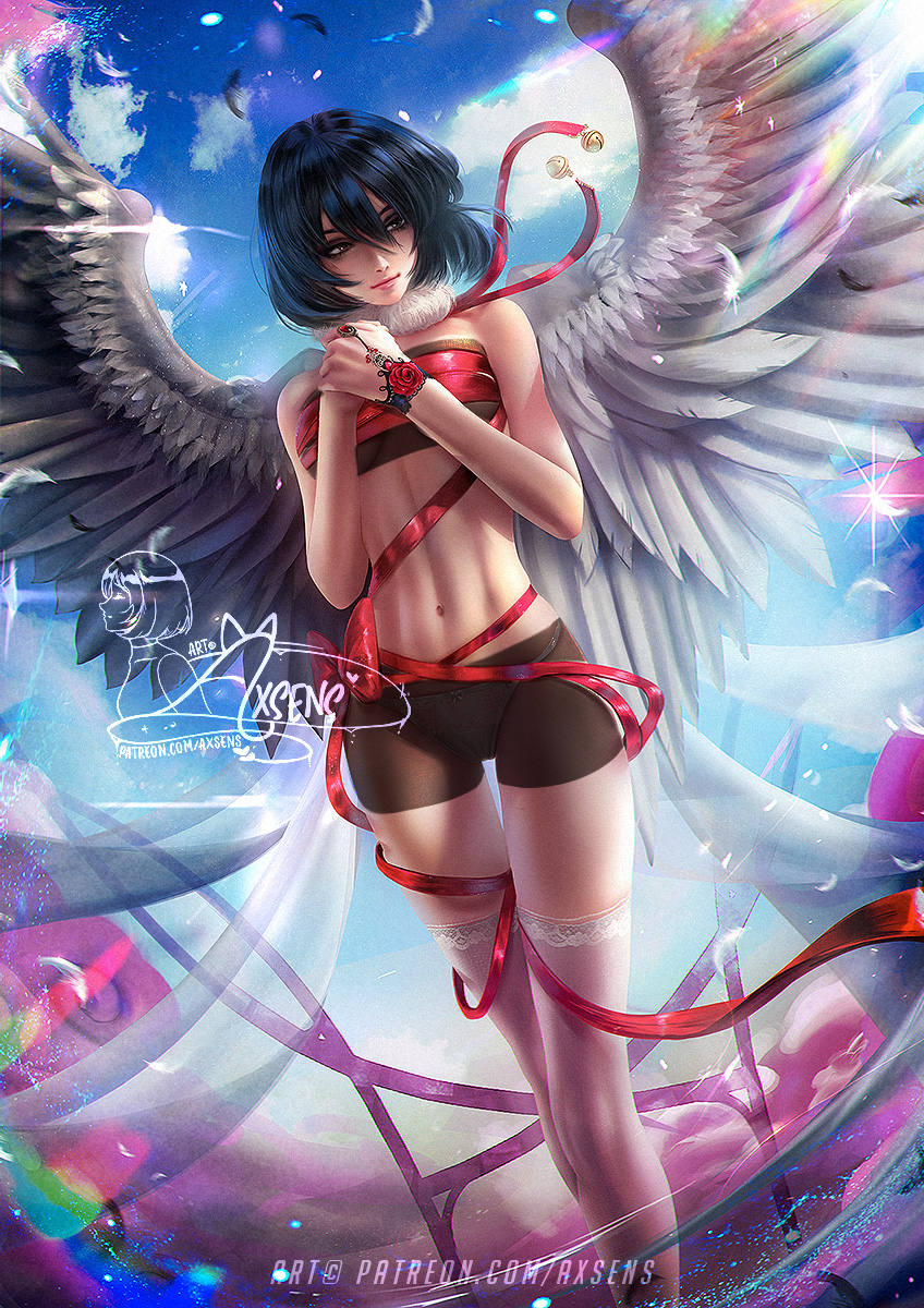 1girl asymmetrical_wings axsen bangs banned_artist bike_shorts black_hair black_shorts black_wings blue_sky brown_eyes closed_mouth clouds feathered_wings hair_between_eyes highres looking_to_the_side medium_hair midriff mikasa_ackerman navel panties_under_shorts red_ribbon ribbon shingeki_no_kyojin shiny shiny_hair short_shorts shorts signature sky smile solo standing stomach thigh-highs thigh_gap web_address white_legwear white_wings wings