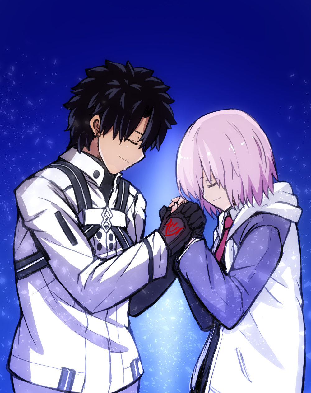 1boy 1girl black_dress black_gloves black_hair buttons closed_eyes closed_mouth collared_dress command_spell commentary_request dress eyebrows_visible_through_hair fate/grand_order fate_(series) fujimaru_ritsuka_(male) gloves grey_sleeves height_difference highres holding holding_hands hood hood_down hooded_jacket jacket light_purple_hair long_sleeves lostbelt_op2_uniform makka_na_kedamono mash_kyrielight necktie open_clothes open_jacket red_necktie short_hair smile uniform upper_body white_jacket