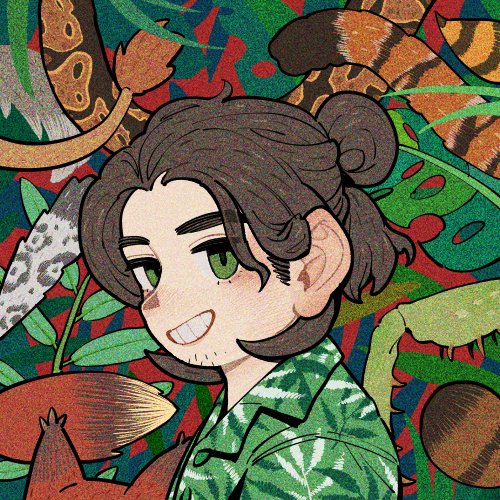 1boy brown_hair collared_shirt facial_hair green_eyes green_shirt hair_behind_ear hair_pulled_back looking_at_viewer lowres medium_hair original parted_lips patterned_background portrait print_shirt shirt smile solo sparrowl stubble