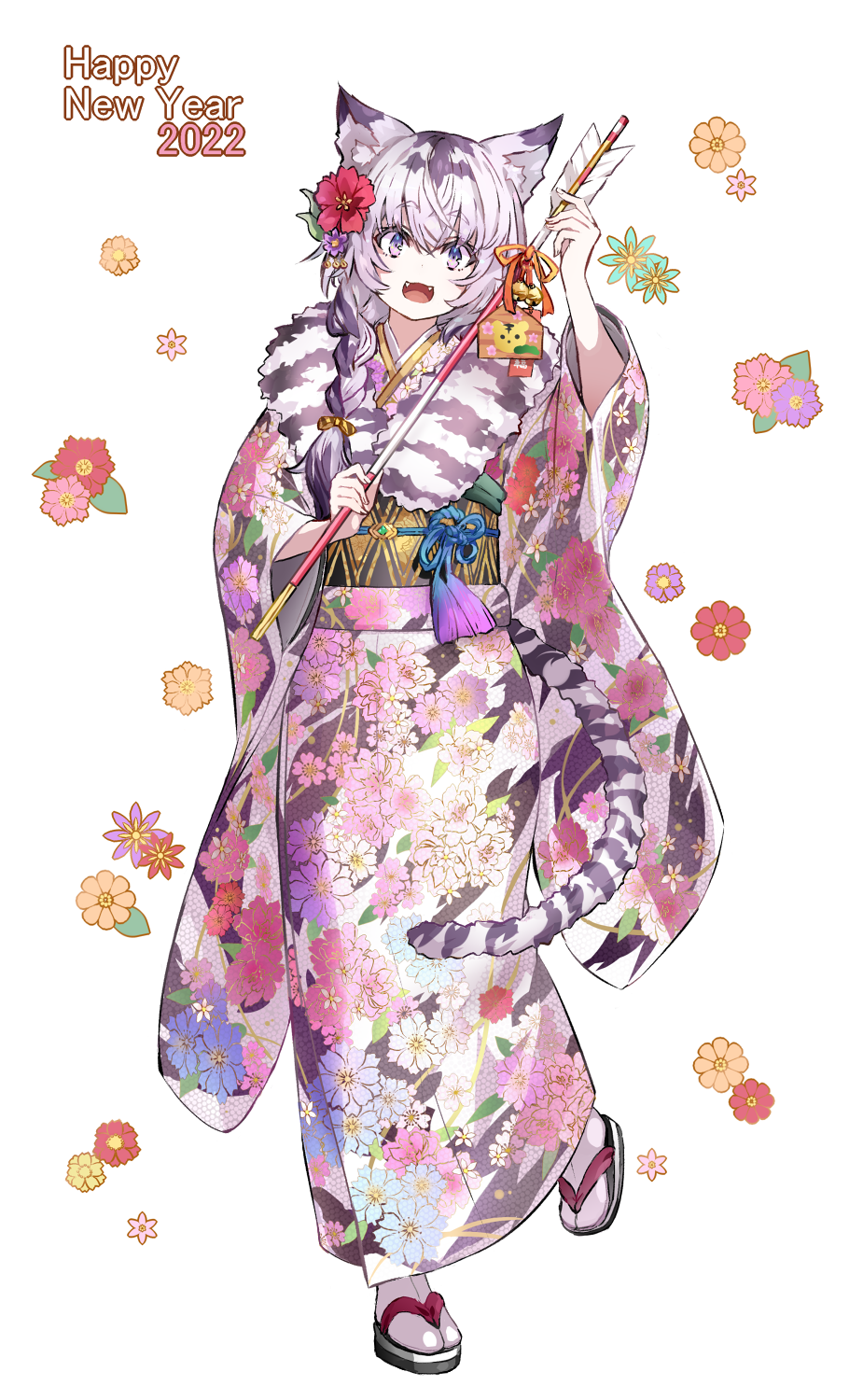 1girl 2022 :d animal_ears arrow_(projectile) bangs bell black_hair blue_flower blush braid chinese_zodiac ema eyebrows_visible_through_hair fangs floral_background floral_print flower fur_collar geta hair_flower hair_ornament hair_over_shoulder hair_ribbon hamaya happy_new_year highres holding holding_arrow japanese_clothes jingle_bell kimono leg_up long_hair long_sleeves looking_at_viewer multicolored_clothes multicolored_hair multicolored_kimono new_year obi orange_flower original print_kimono ramuya_(lamb) red_flower ribbon sash silver_hair single_braid smile solo standing standing_on_one_leg tabi tail tassel tiger_ears tiger_girl tiger_tail two-tone_hair violet_eyes white_background white_legwear wide_sleeves year_of_the_tiger yellow_ribbon