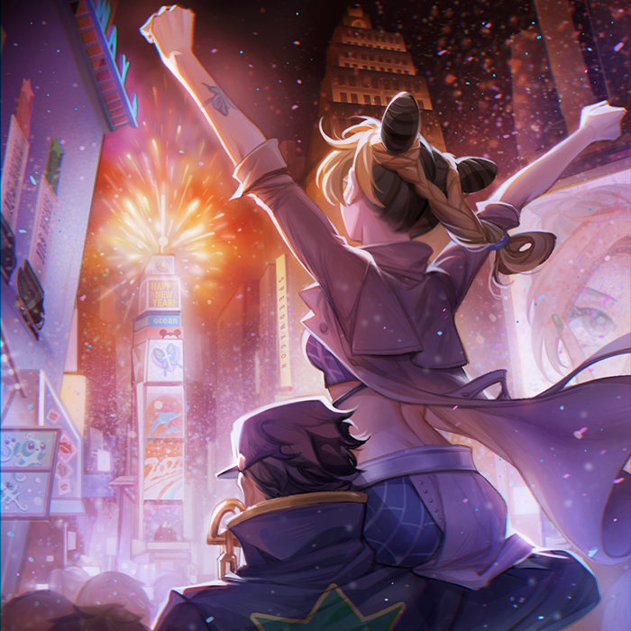 1boy 1girl aerial_fireworks arms_up back black_hair blonde_hair braid chinese_commentary city clenched_hands coat commentary_request crop_top double_bun facing_away father_and_daughter fireworks floating_hair from_behind ginmu hat jojo_no_kimyou_na_bouken kujo_jolyne kujo_jotaro light_particles long_hair multicolored_hair new_year night on_shoulder outdoors outstretched_arms purple_headwear short_hair sitting_on_shoulder stone_ocean two-tone_hair