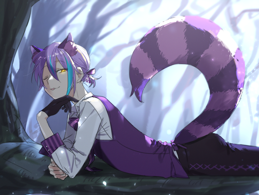 1boy animal_ears blue_hair cat_boy cat_ears cat_tail cheshire_cat_(alice_in_wonderland) cheshire_cat_(alice_in_wonderland)_(cosplay) cosplay gloves kamishiro_rui lying multicolored_hair one_eye_closed pale_skin project_sekai purple_hair tail tongue tongue_out ugo32ooooo yellow_eyes