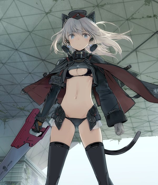 1girl animal_ears ass_visible_through_thighs black_legwear cat_ears cat_tail commentary_request cowboy_shot cropped_jacket from_below garrison_cap hat looking_at_viewer original saw shimada_fumikane short_hair shrug_(clothing) silver_hair solo tail thigh-highs tokyo_big_sight