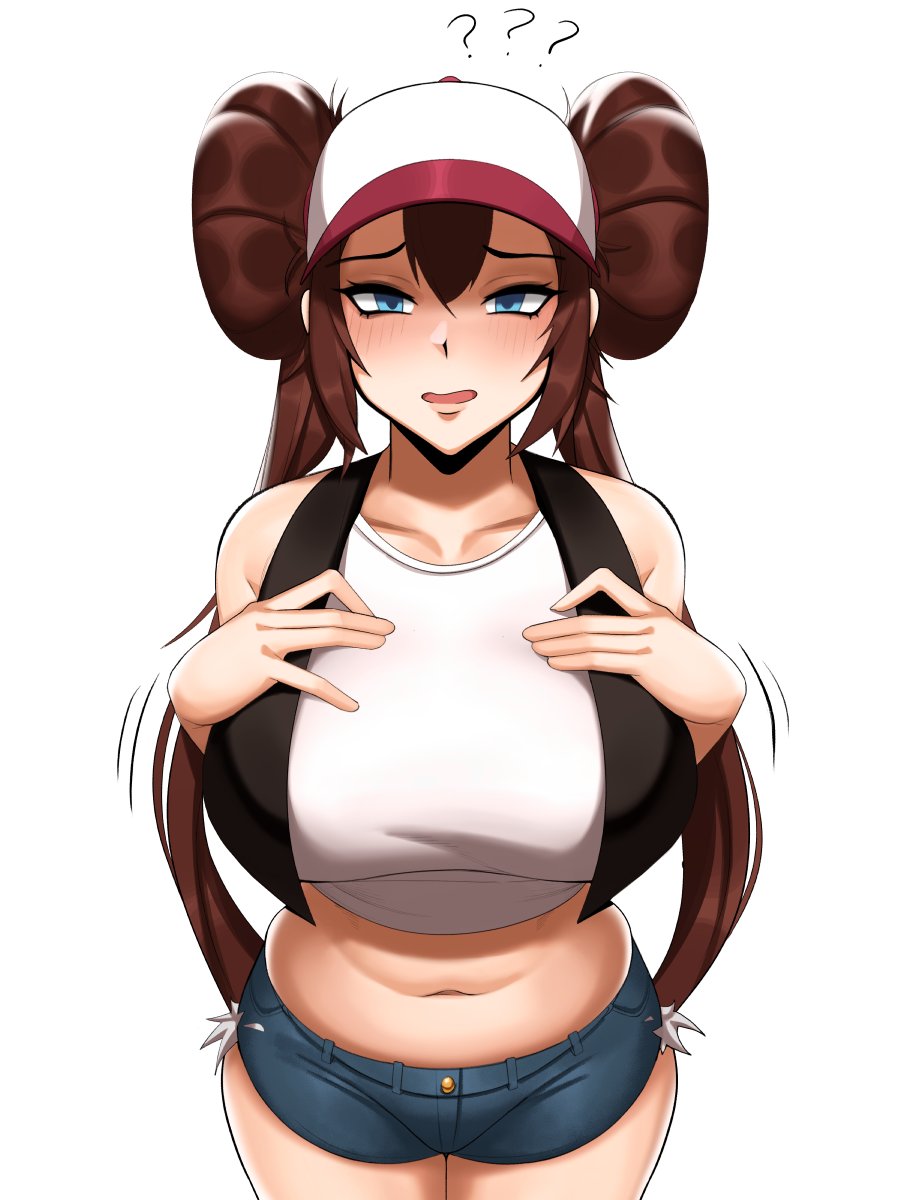 1girl ? ?? alternate_breast_size belly black_vest blue_eyes blush breasts brown_hair cosplay costume_switch denim denim_shorts double_bun embarrassed english_commentary eyebrows eyelashes facing_viewer hands_on_own_chest hat highres hilda_(pokemon) hilda_(pokemon)_(cosplay) hips huge_breasts kevbot large_breasts long_hair looking_at_viewer navel pokemon pokemon_(game) pokemon_bw pokemon_bw2 rosa_(pokemon) shirt short_shorts shorts simple_background solo thick_thighs thighs twintails undersized_clothes vest visor visor_cap white_background white_headwear white_shirt wide_hips