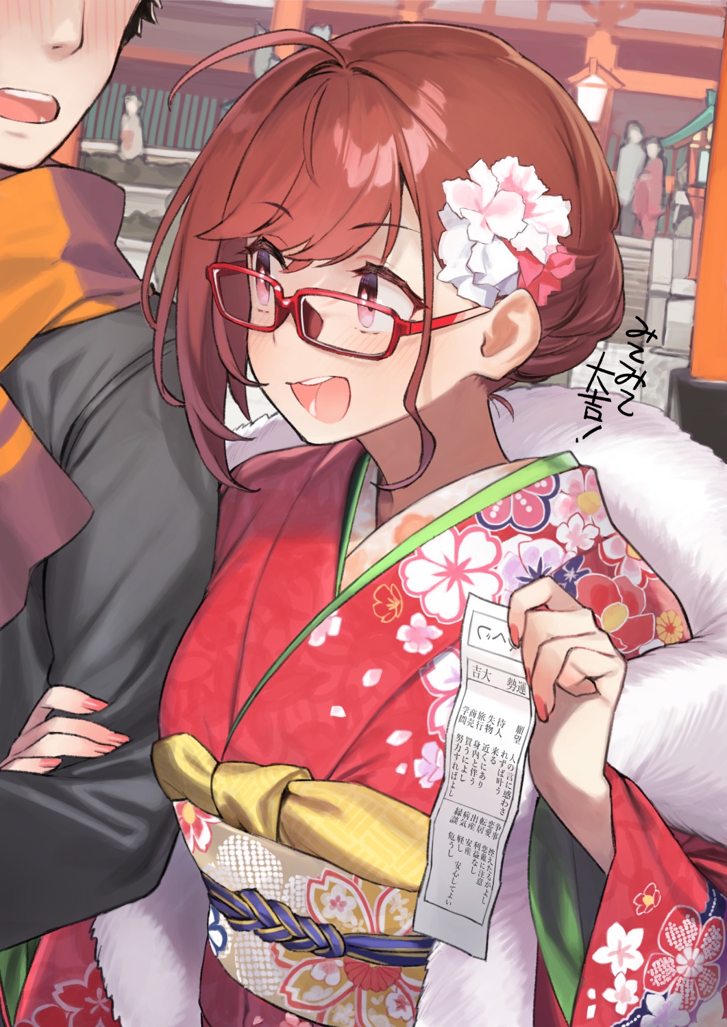1boy 1girl 92m ahoge alternate_hairstyle commentary_request eyebrows_visible_through_hair floral_print glasses hair_ornament highres holding japanese_clothes kimono open_mouth original pink_eyes print_kimono red-framed_eyewear red_kimono redhead short_hair smile translation_request