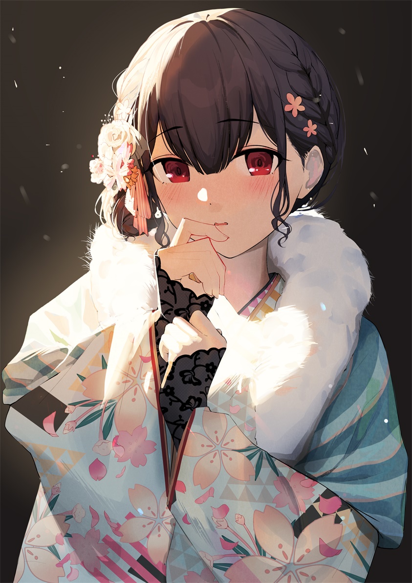 1girl bangs black_hair blue_kimono blush braid commentary_request eyebrows_visible_through_hair floral_print flower fur_scarf gin00 hair_flower hair_ornament hands_up idolmaster idolmaster_shiny_colors japanese_clothes kimono long_sleeves looking_at_viewer morino_rinze parted_lips print_kimono red_eyes reward_available solo upper_body wide_sleeves